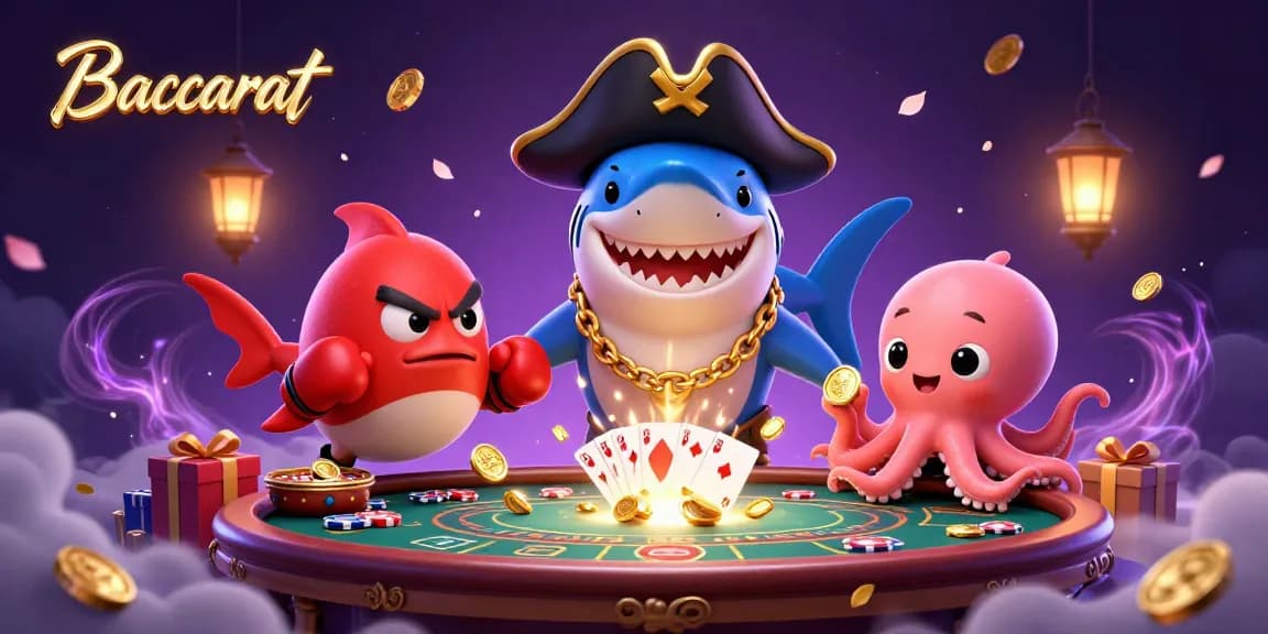 Baccarat players enjoy an exciting game with sharks, pufferfish, and octopus in a vibrant casino setting.