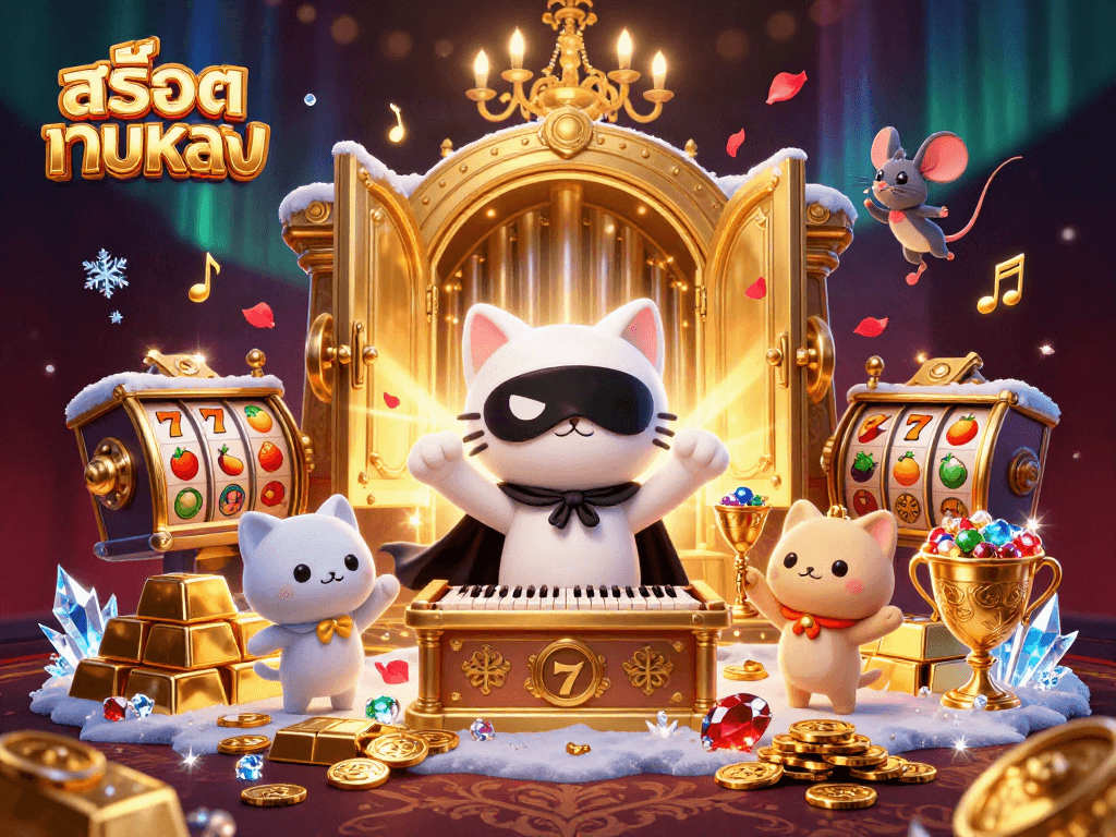 Play สล็อตเว็บตรง slots with exciting characters in a dynamic casino scene filled with treasures.