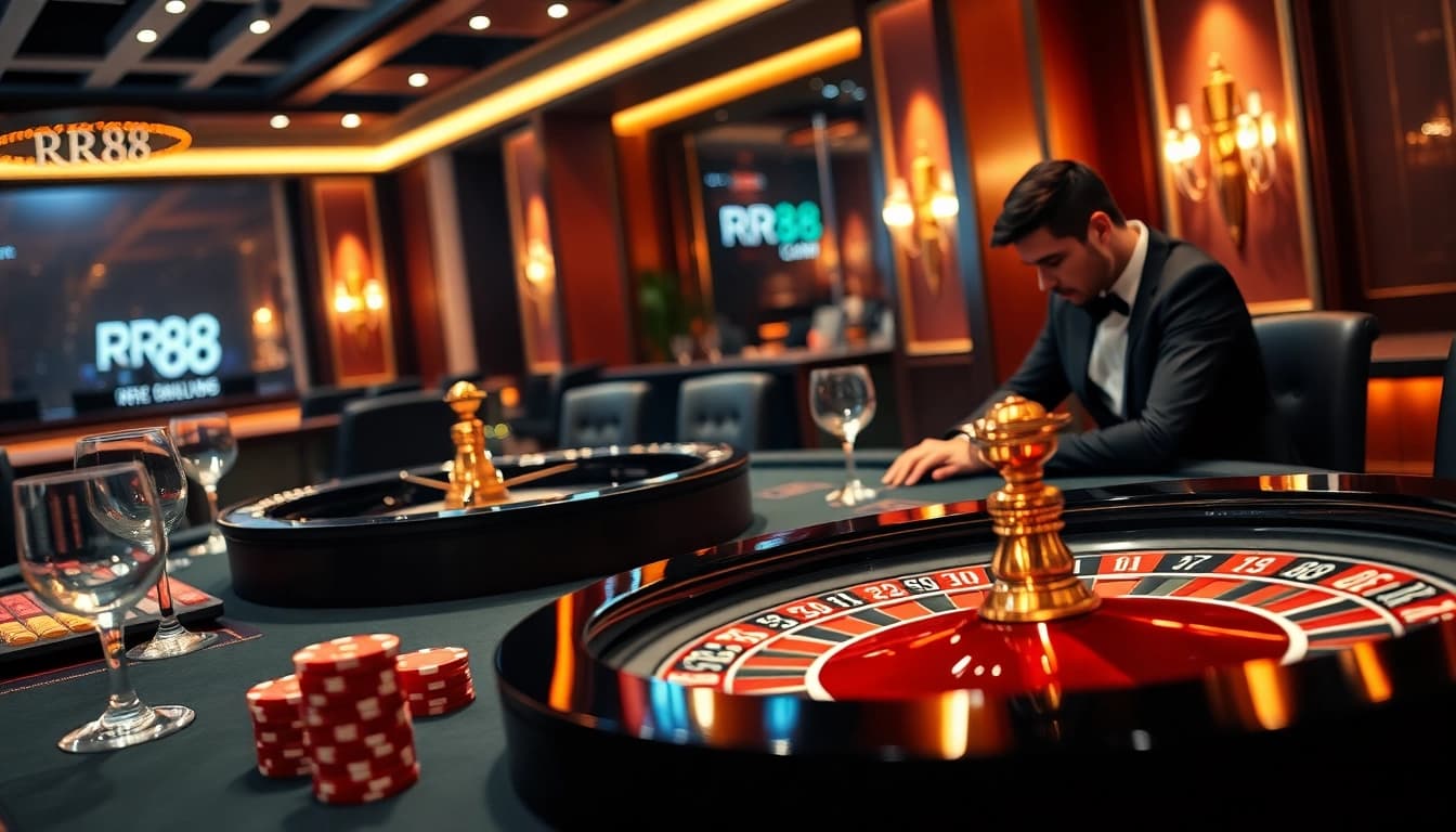 Experience high-stakes gameplay at RR88 com casino with vibrant poker chips and a roulette wheel.