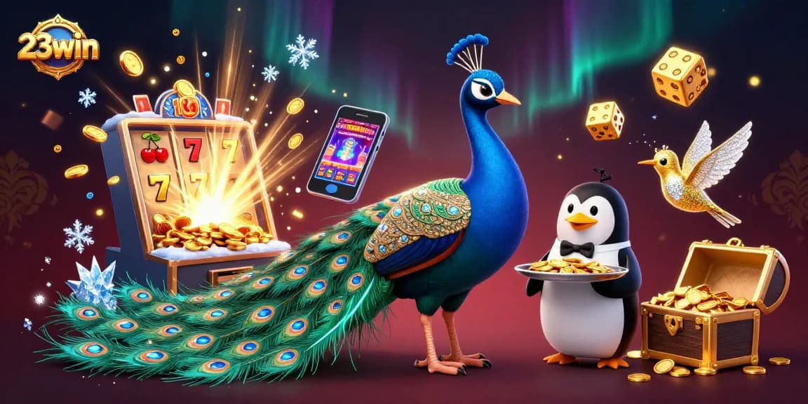 Experience thrilling wins with 23win, a vibrant illustration of a casino scene bursting with action!