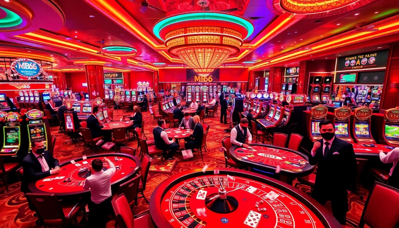 Excited gamblers enjoying the MB66 casino experience with vibrant tables and slot machines.