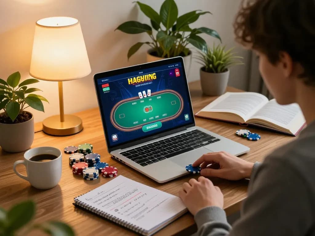 IWIN player strategizing online poker in a cozy home environment