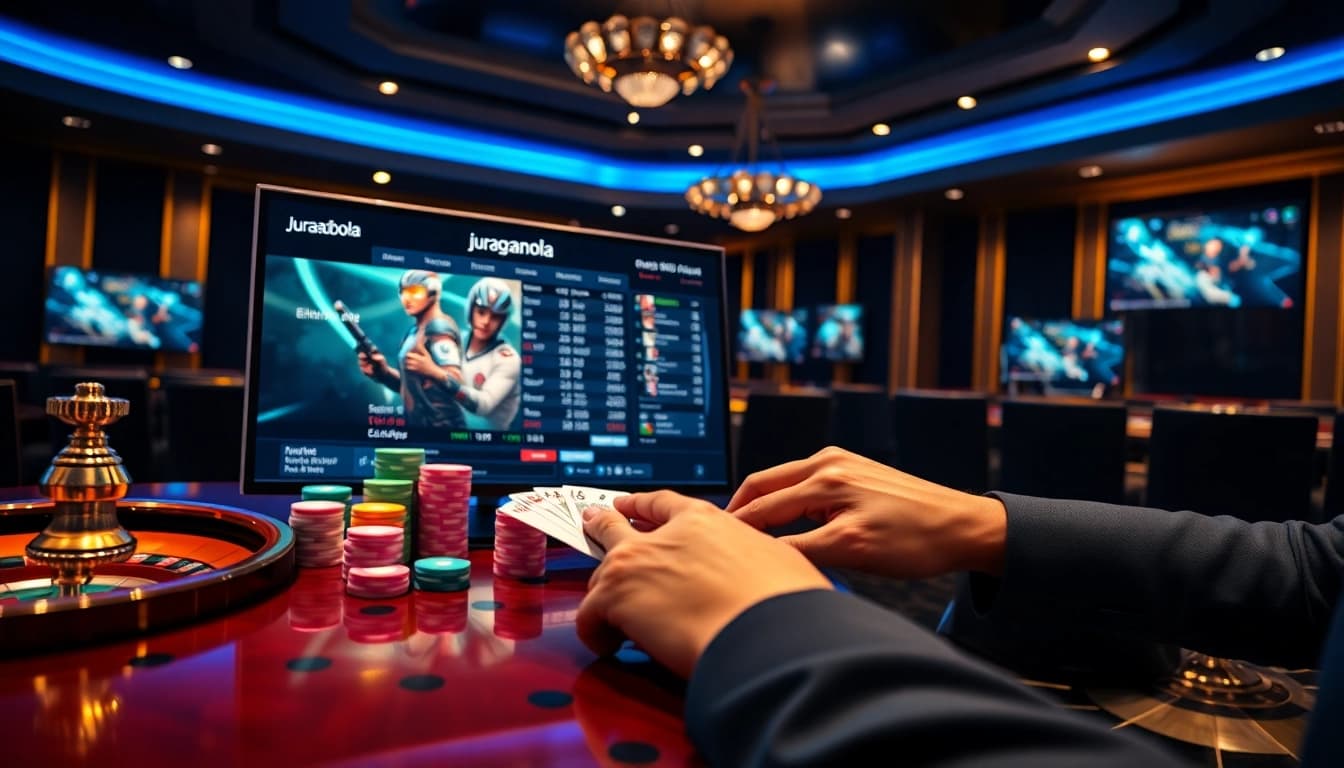 Professional gambler interacting with juraganbola’s advanced online betting interface using poker chips and live sportsbook odds