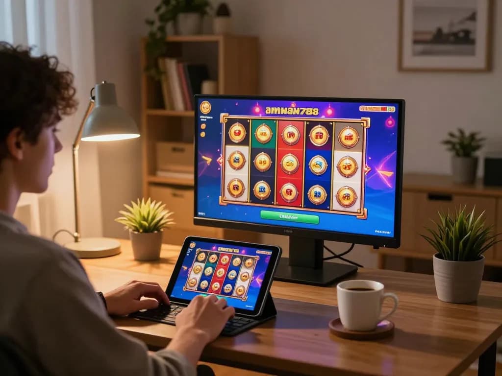 Seorang pemain menikmati aman788 slot online di tablet dalam suasana rumah yang nyaman.