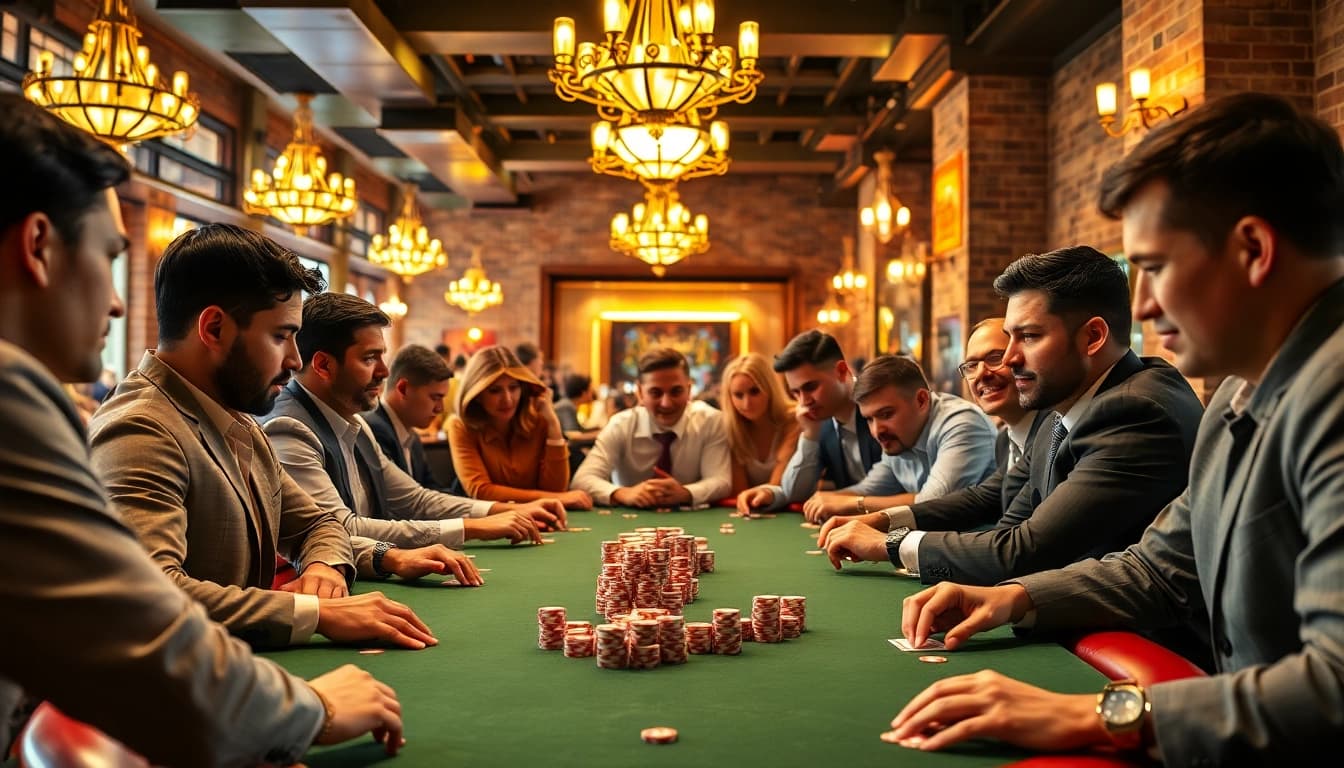 Engaged players in a vibrant poker game highlighting strategy and excitement at a casino table.