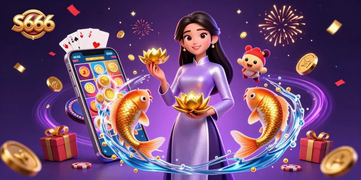 S666 brings excitement with an elegant woman holding a golden lotus and vibrant game elements.