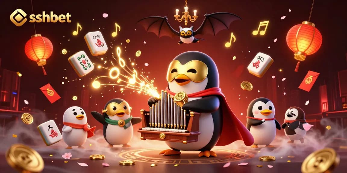 Experience the thrilling games at sshbet featuring a playful penguin and dazzling casino elements.