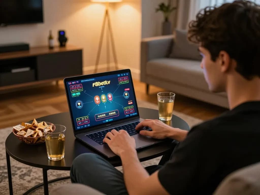 Player exploring f8betlv game options on a laptop in inviting home setting, showcasing comfortable online gambling experience.