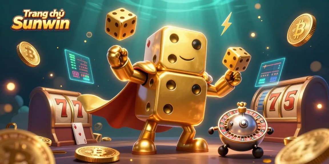 Engage with exciting games at Trang chủ Sunwin featuring golden dice juggling amidst vibrant slot reels.