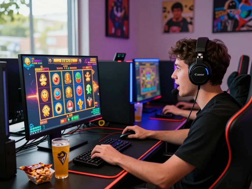 Pemain terlibat dalam permainan situs slot online, dikelilingi oleh peralatan bermain dan camilan.
