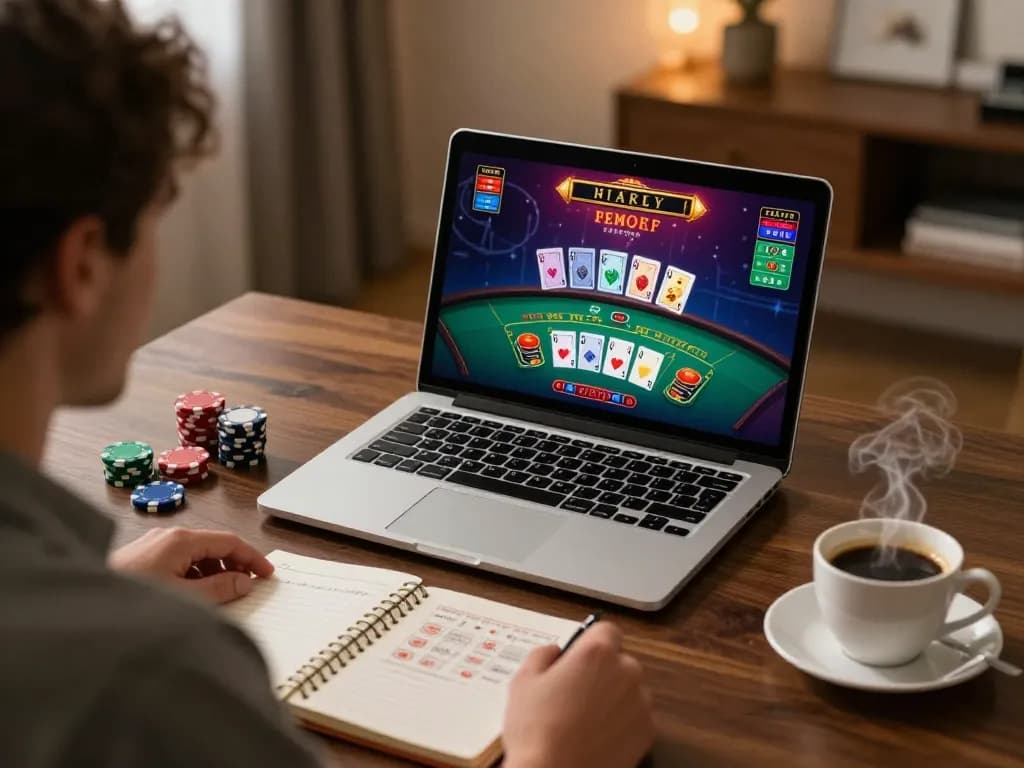 Player enjoying MM88 live dealer blackjack on a laptop at home, showcasing an engaging online gambling experience.