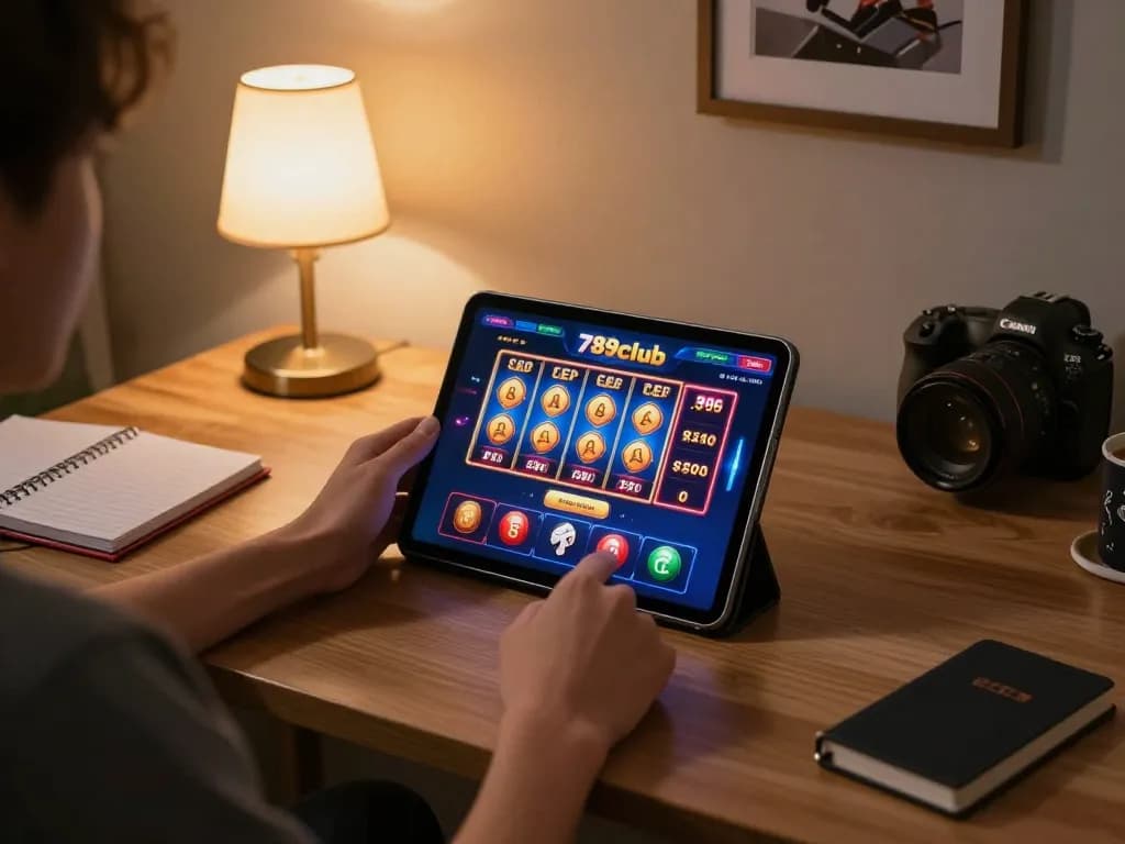 Engaged player exploring 789club online casino on a tablet with vibrant game graphics.