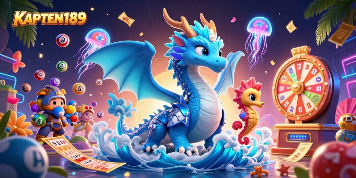 KAPTEN189 menampilkan ilustrasi 3D kasino dengan naga air dan kuda laut, dikelilingi bola lotere berwarna, kartu bingo, dan elemen kasino lainnya.