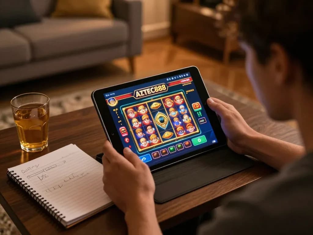 A person engaging with AZTEC888's online gaming platform, showcasing an immersive casino experience.