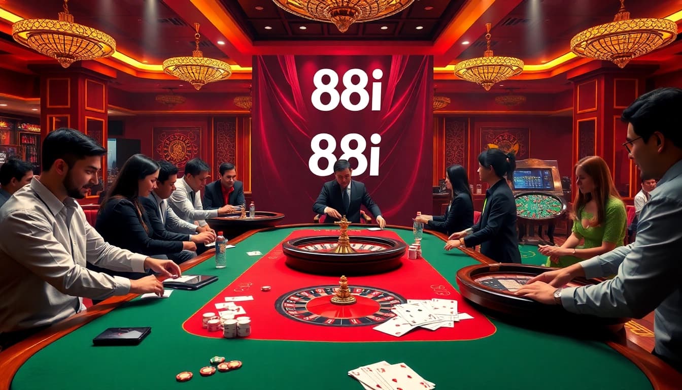 High-stakes gambling at an elegant table featuring 88i with poker chips and vibrant atmosphere.