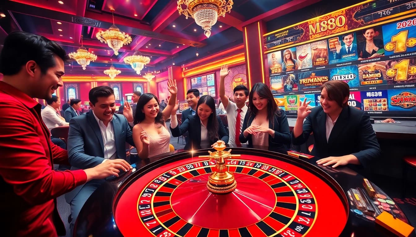 M88 players celebrating a big win at a vibrant roulette table in a luxurious casino setting.