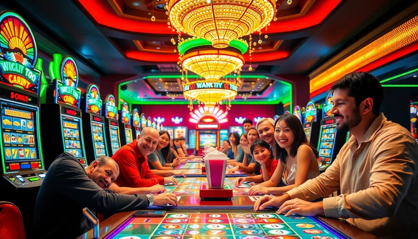 Mainkan situs toto di casino dengan slot machines berwarna cerah dan pemain yang bersemangat.