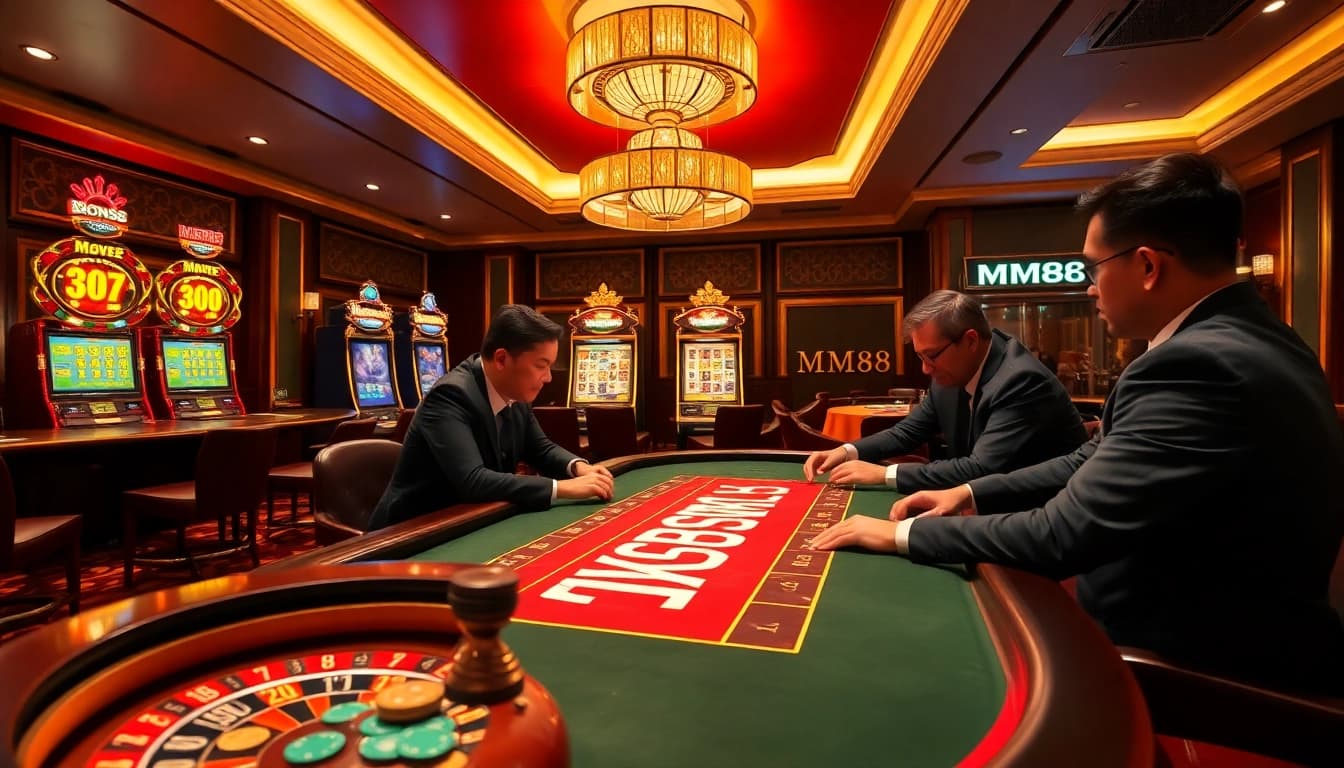 Players strategizing at the MM88 poker table in an elegant casino setting.