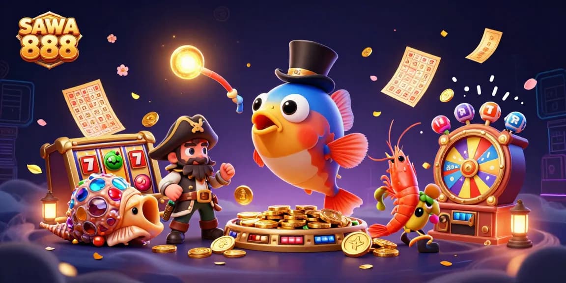 Engage in thrilling slots with SAWA 888 featuring a glowing anglerfish, vibrant slot reels, and golden coins.
