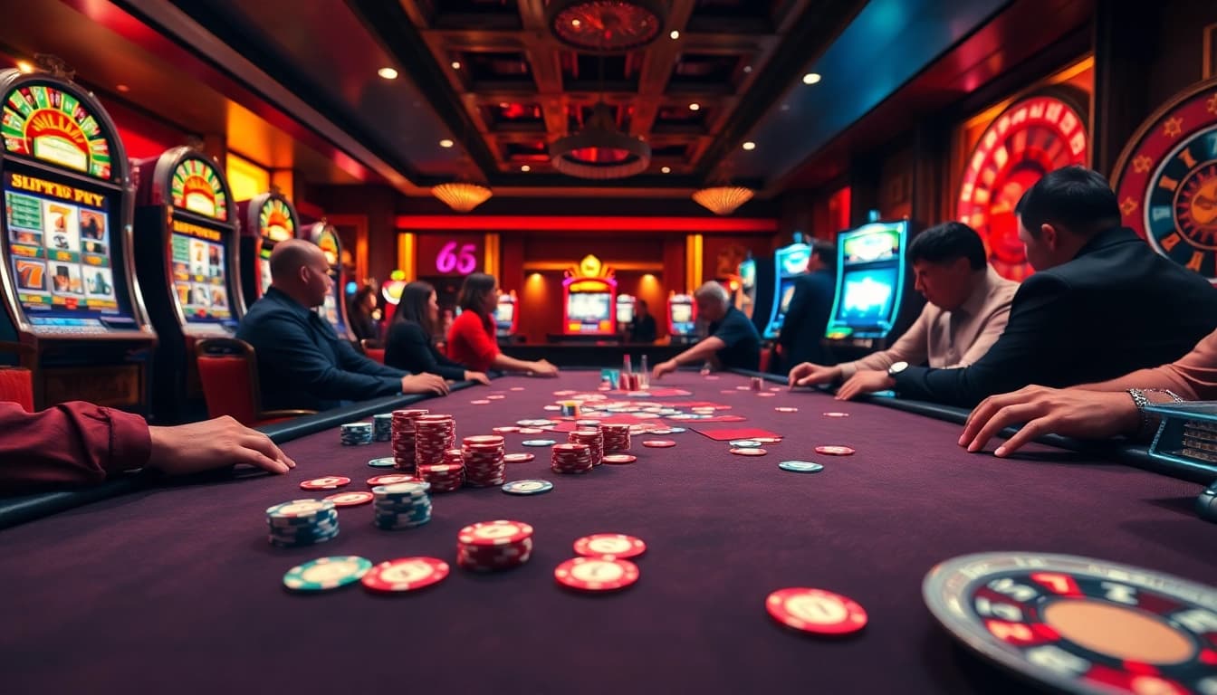 Players enjoying a high-stakes game at https://www.6rwin55.com/ casino with vibrant poker chips and cards.