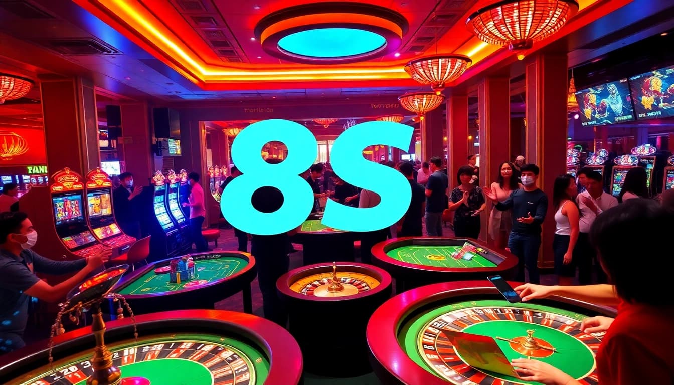 Players enjoying the thrilling experience at nhà cái 8s, featuring exciting games and vibrant casino atmosphere.