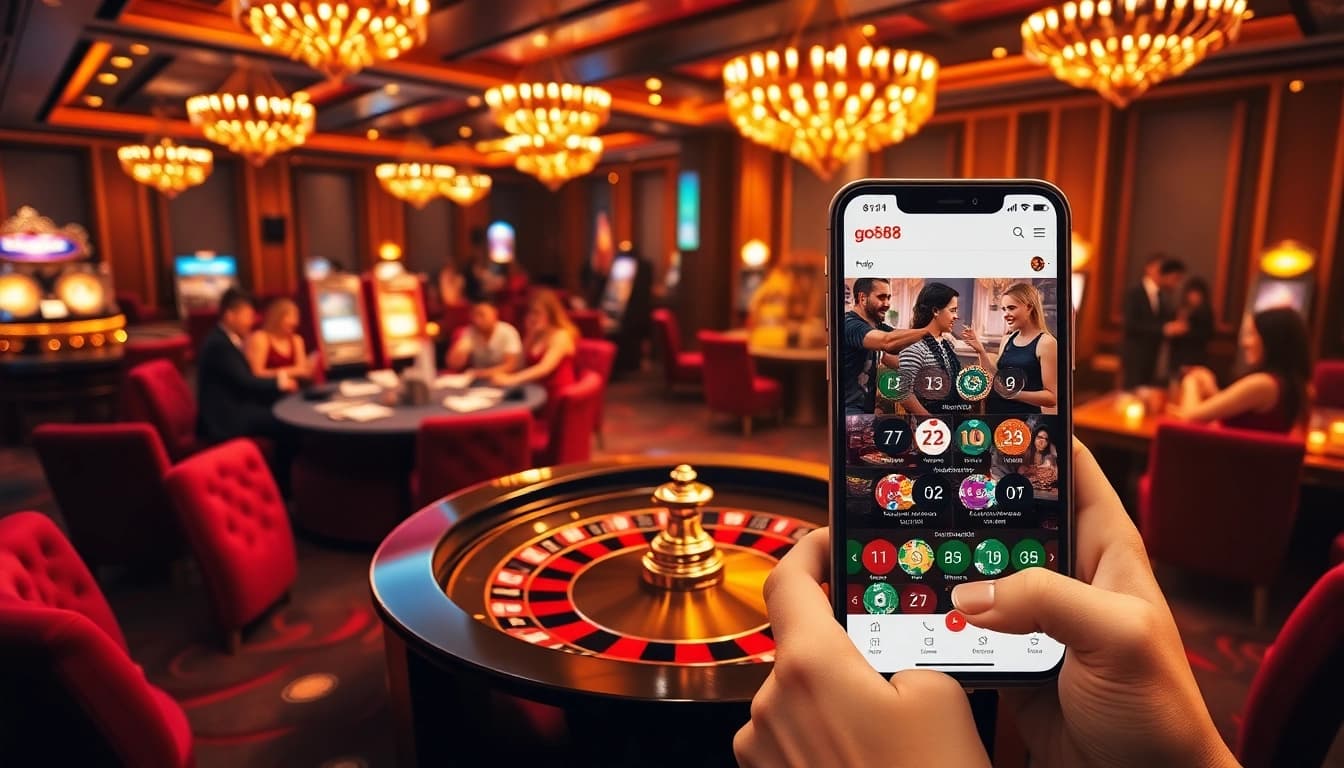 Experience high-stakes thrills at go88 with a dynamic casino scene showcasing games, chips, and excitement.