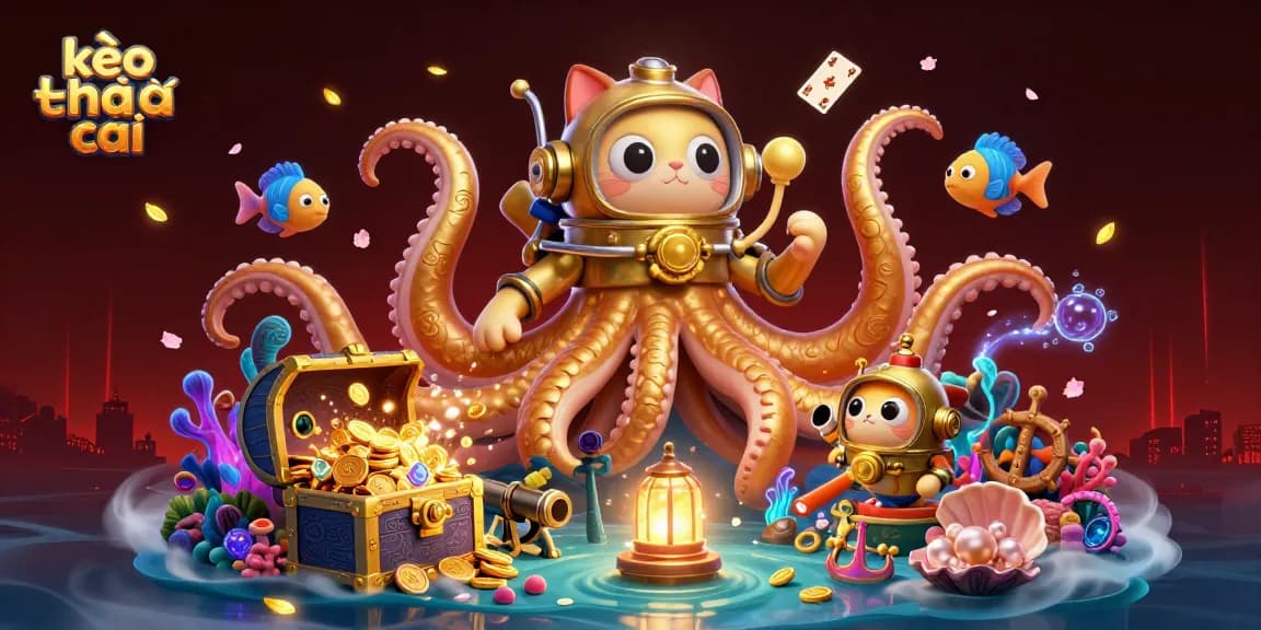 Engage with kèo nhà cái through a vibrant underwater scene featuring a kraken, diving cat, and dynamic treasures.