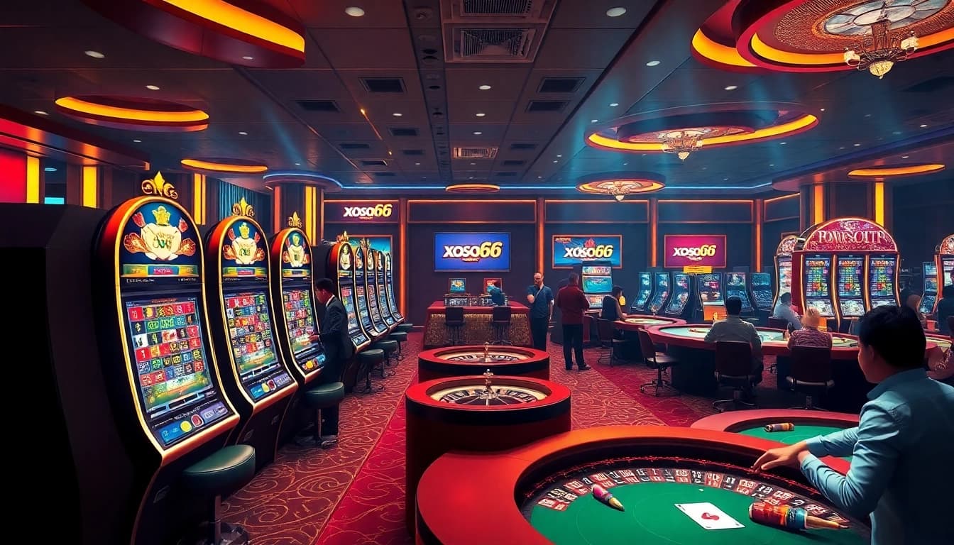Xoso66 online casino scene showcasing players enjoying slot machines and poker tables in a vibrant virtual environment.