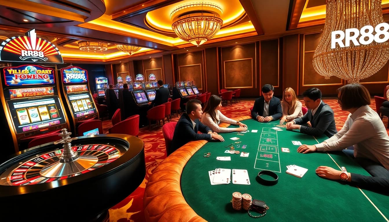 Experience the thrill of RR88 casino with vibrant slot machines and luxurious casino tables.