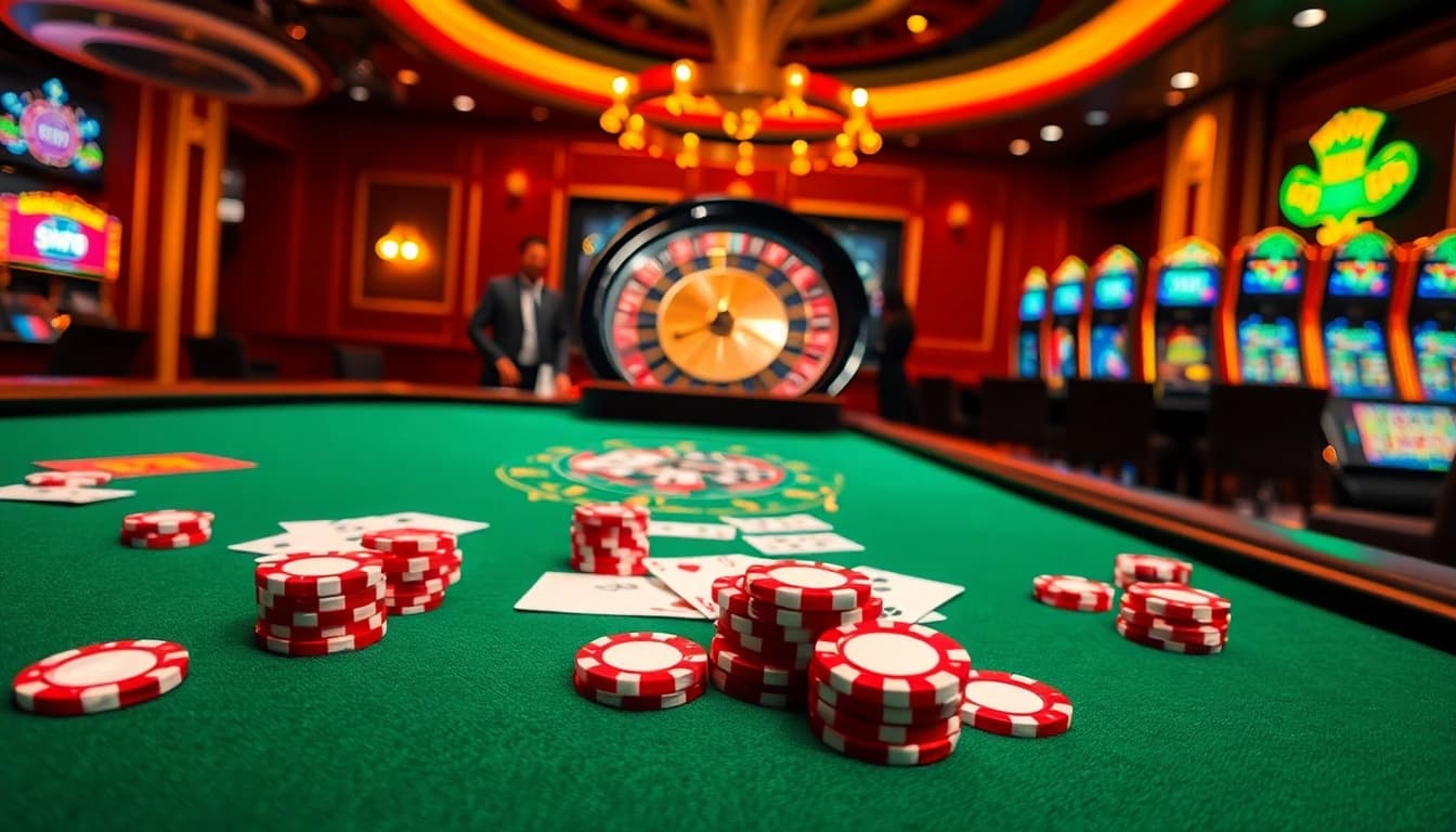 Engage in thrilling casino action at https://kuwinblog.com/ with vibrant poker chips and a spinning roulette wheel.