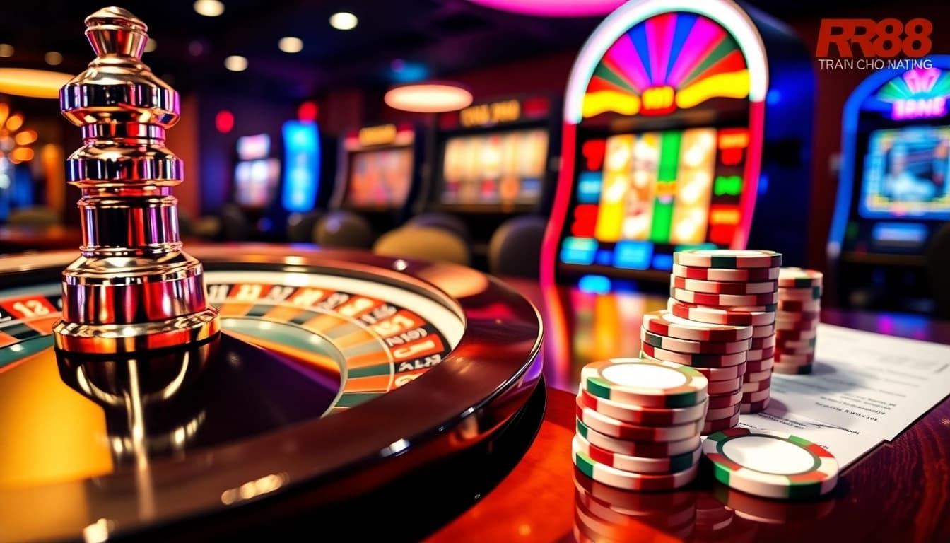 Experience the thrill of winning at Trang Chủ RR88 with vibrant casino elements like poker chips and a roulette wheel.