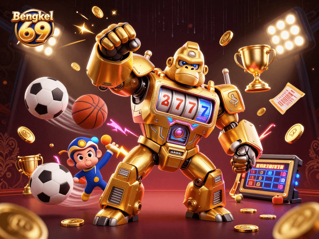 Bengkel 69 showcases a vibrant 3D illustration of a gorilla mech with casino elements, emphasizing dynamic sports betting excitement.