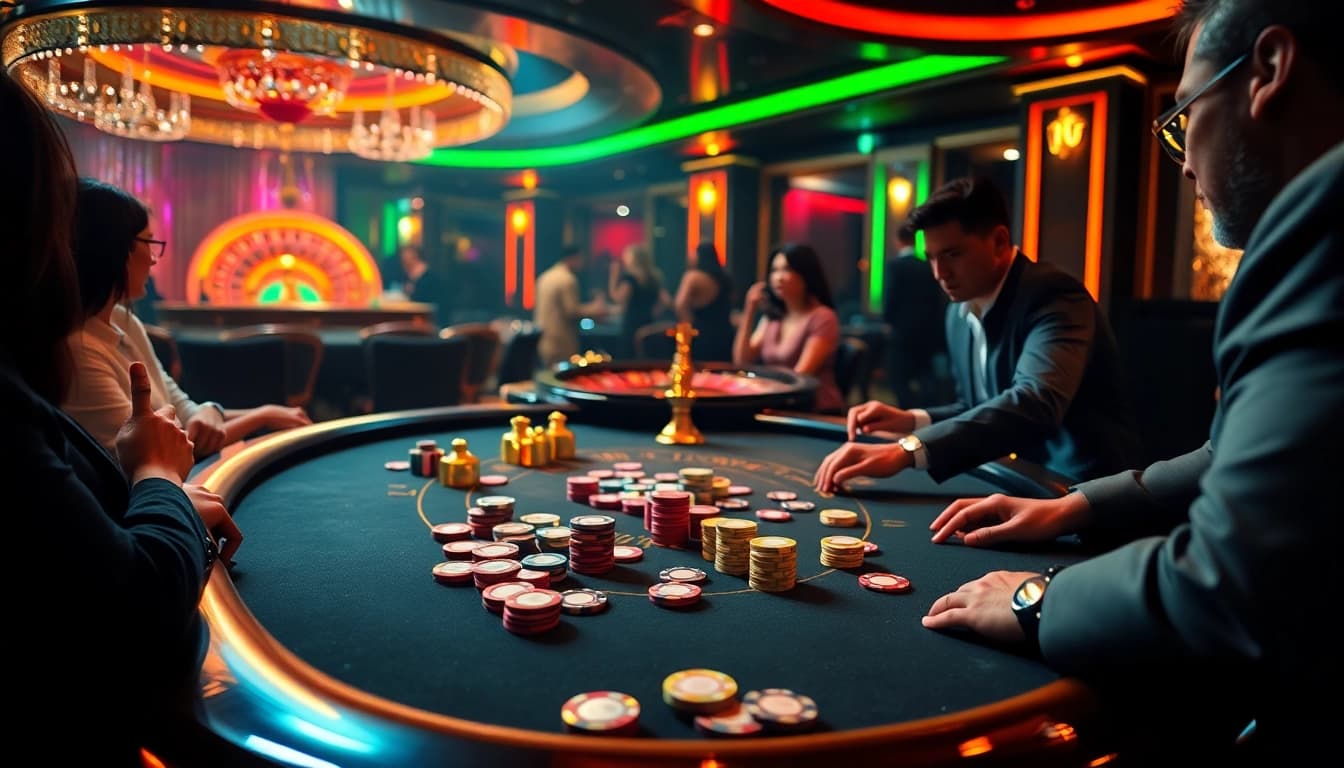Exciting gaming action at B52club's luxurious poker table with vibrant chips and cards.