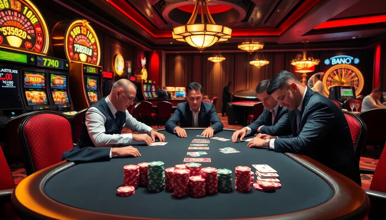 Sao789 casino scene showcasing intense poker action and vibrant slot machines.