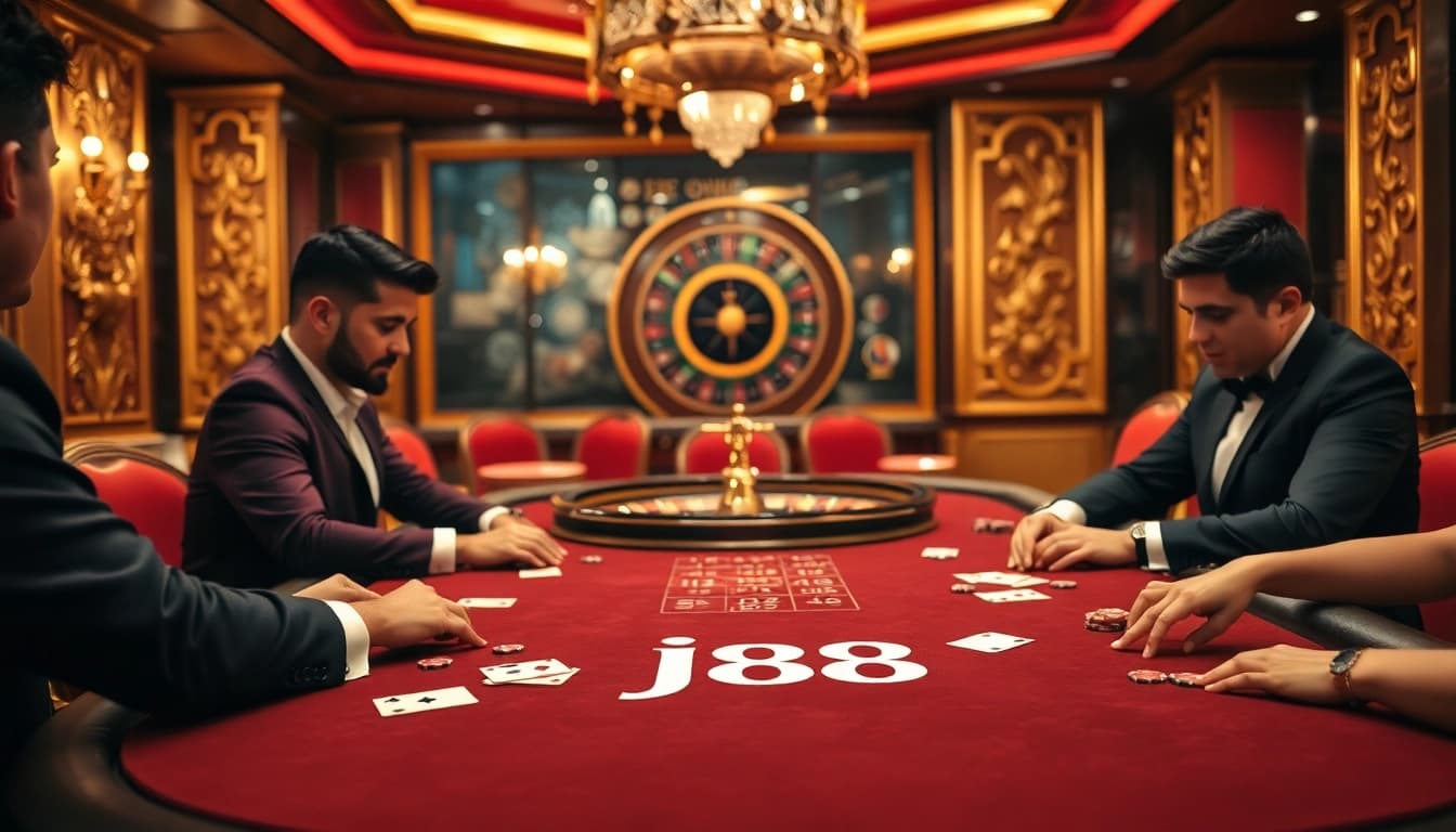 Players engaging in a thrilling poker game at j88 casino, surrounded by roulette wheels and vibrant decor.