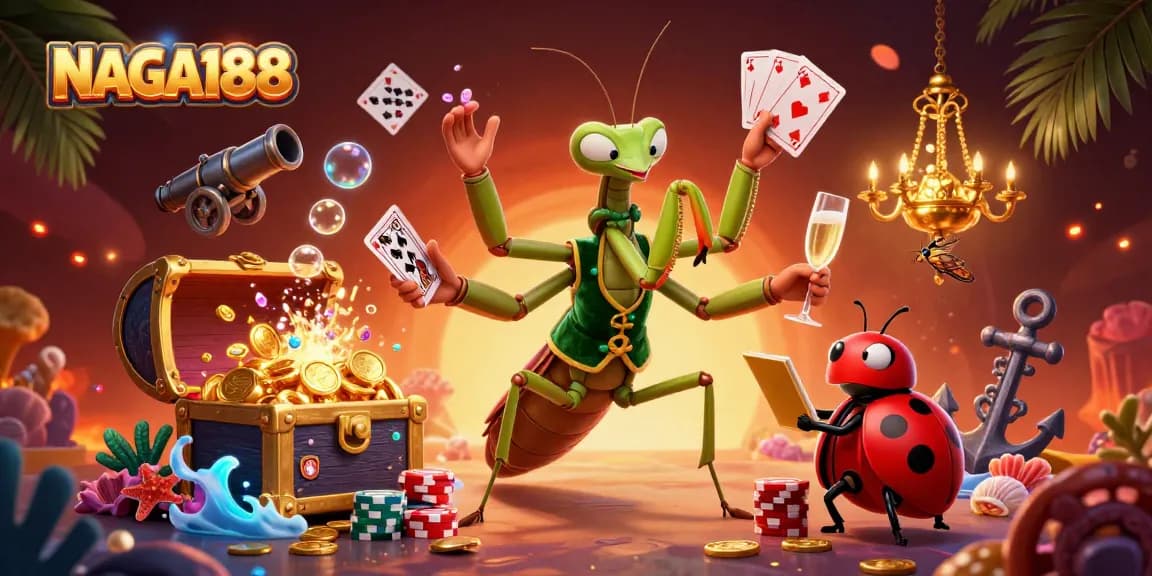 NAGA188 menampilkan ilustrasi kasino 3D dengan karakter menarik, permainan kartu, dan elemen bawah laut.