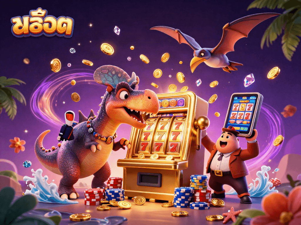 สล็อต jackpot scene with a dinosaur winning big at a slot machine amidst flying coins