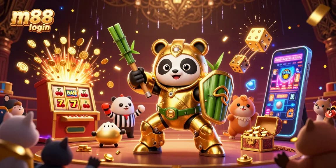 Win big at m88 login with vibrant casino games showcased in a lively arena illustration.