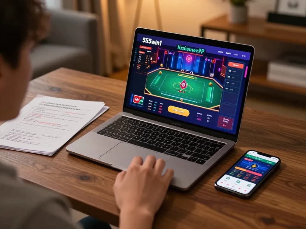 Engaging in live dealer gaming on 555win1 with strategic notes at a home office setup.