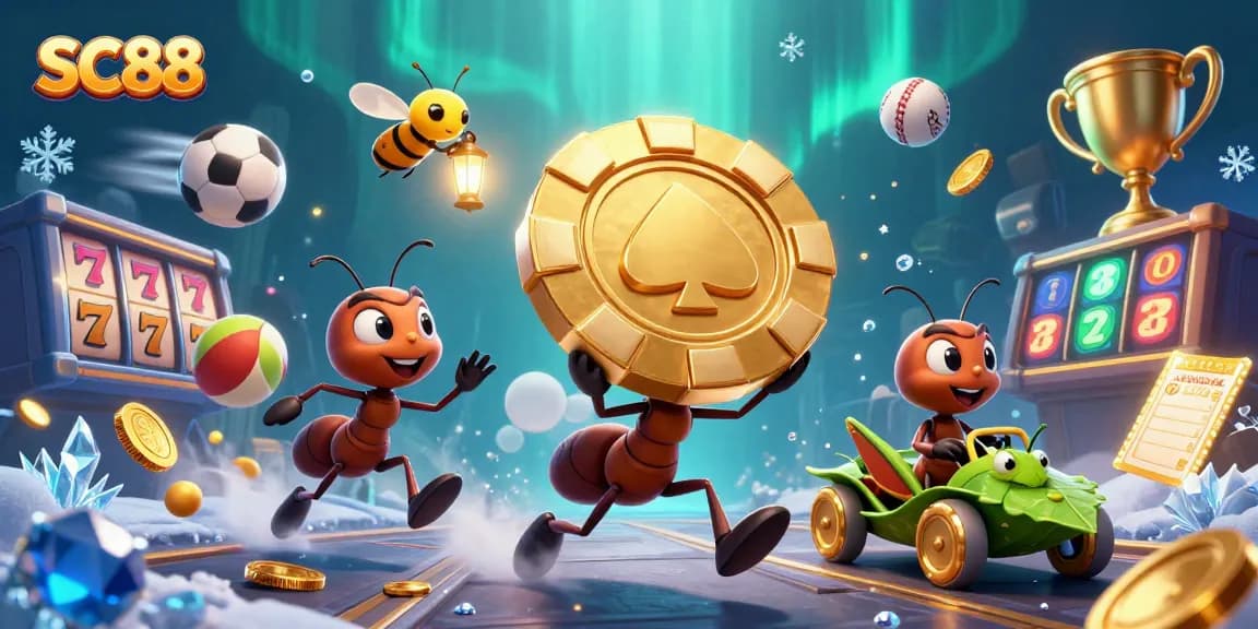 SC88 ants carry a giant poker chip while being surrounded by casino game elements and gold coins.