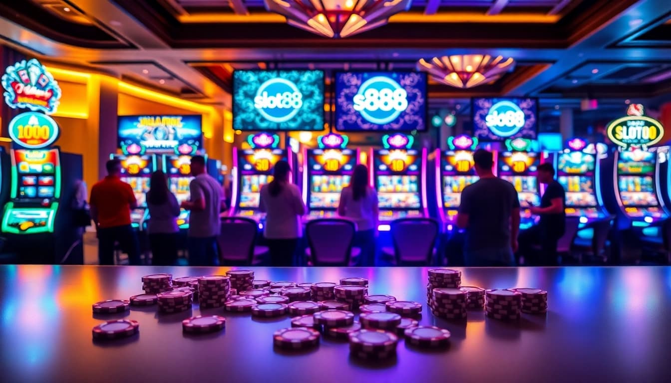 Players enjoying exciting slot88 gaming experiences amidst a vibrant casino atmosphere.