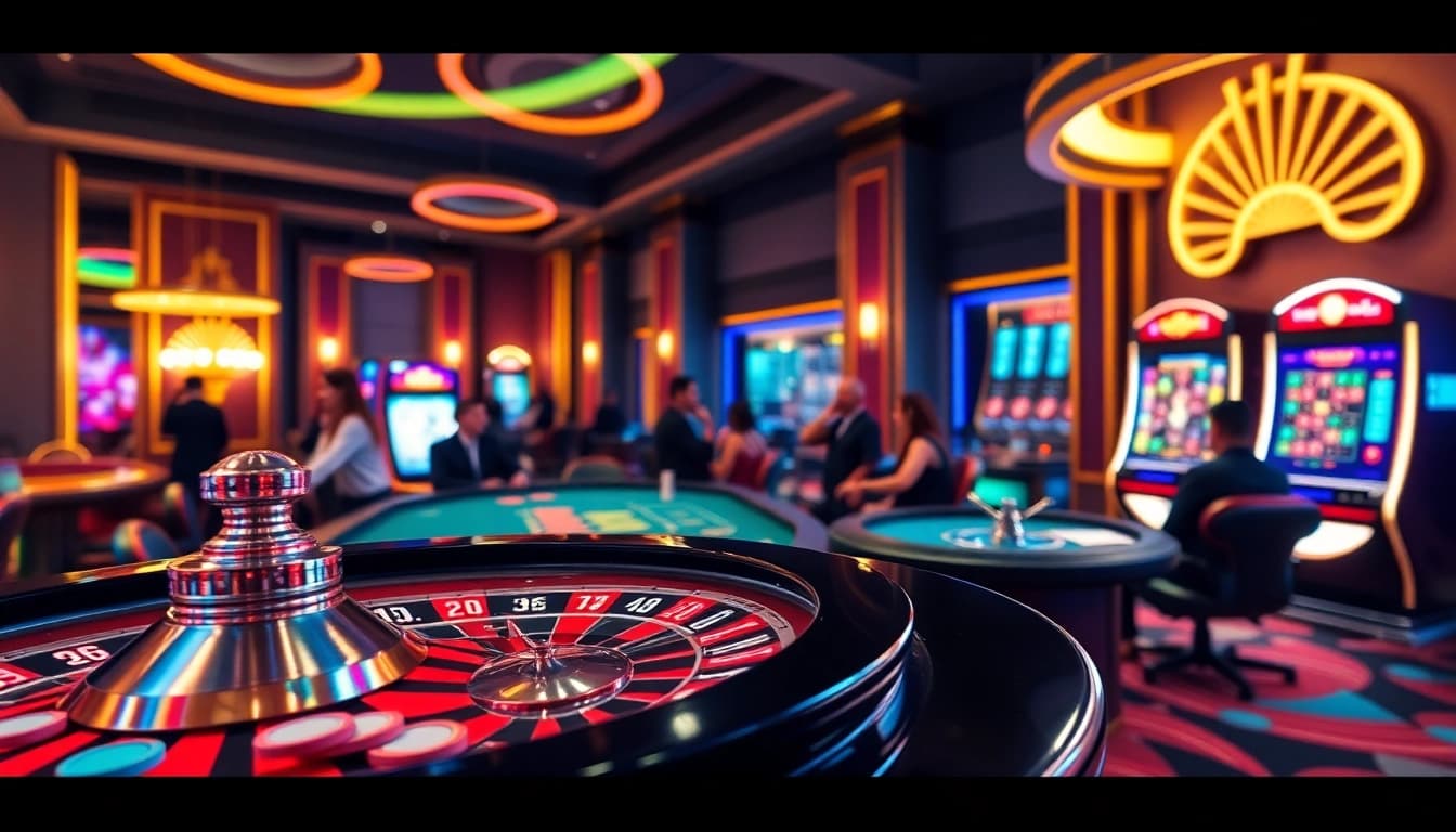 Experience the excitement of gambling at fun79 with vibrant casino tables and golden decorations.