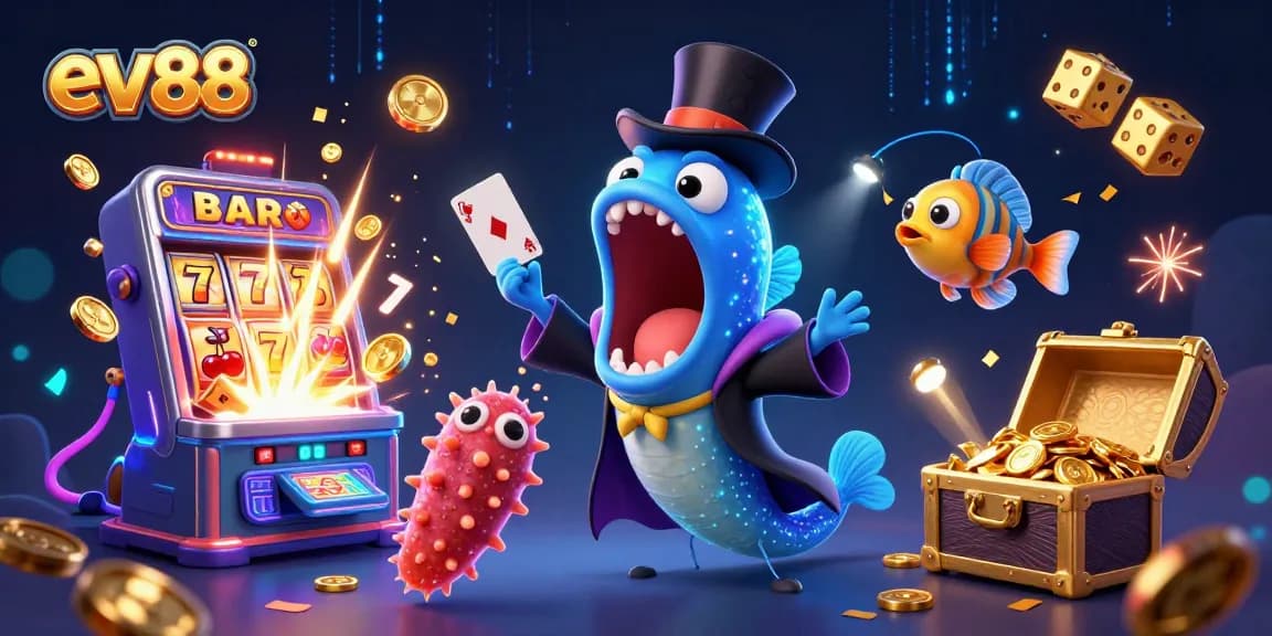 ev88 showcases a lively casino scene with a magical deep-sea eel performing tricks amidst a colorful jackpot explosion.