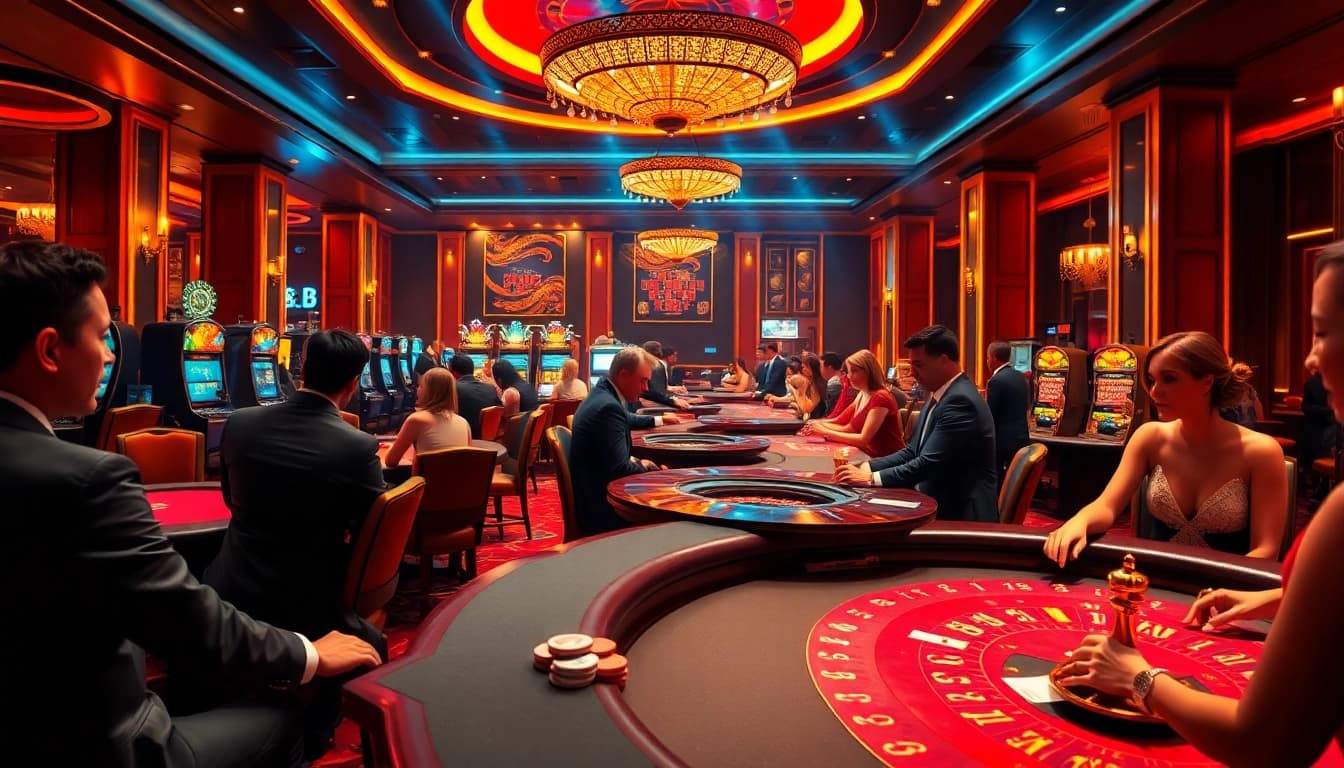 B52club casino scene with players enjoying poker and vibrant slot machines in action.
