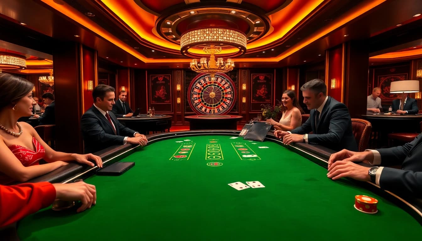 Engaged players enjoying Evolution Blackjack เว็บตรง at a luxurious live casino table.