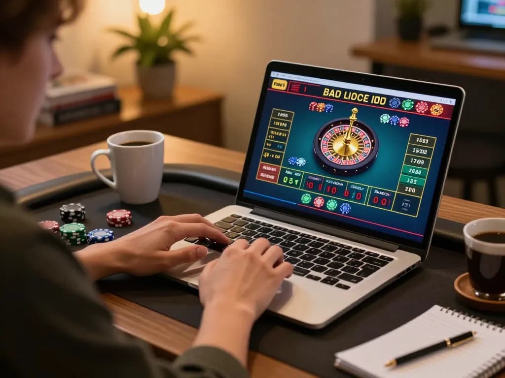 Player strategizing on online casino game using laptop for Sun win roulette
