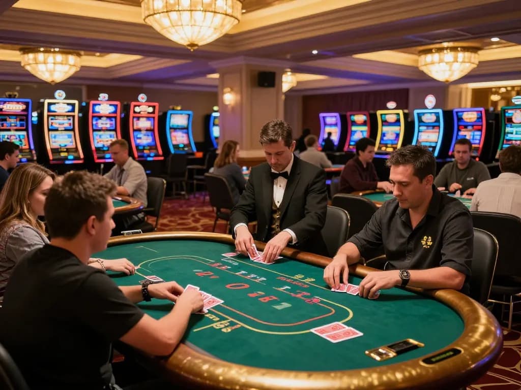Players strategizing at a poker table in a lively casino setting showcasing qtr88 gaming excitement