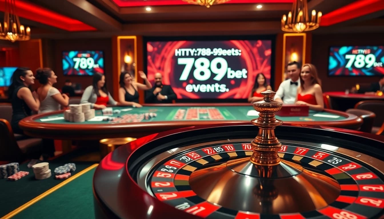 A dynamic casino scene featuring lively gameplay at https://789bet.events/ with vibrant tables, chips, and a roulette wheel.