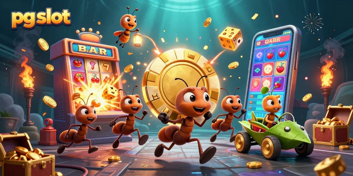 Engage with the exciting pg slot world through a vibrant 3D illustration of playful ants heisting a giant poker chip amidst a colorful casino scene.