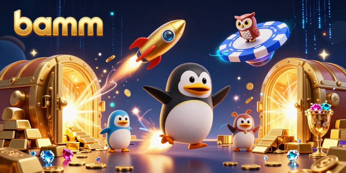 Experience thrilling wins at online casinos with the bamm brand's vibrant illustration of a penguin in space.